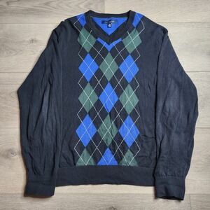 Tommy Hilfiger Argyle V Neck Long Sleeve Black Sweater Large